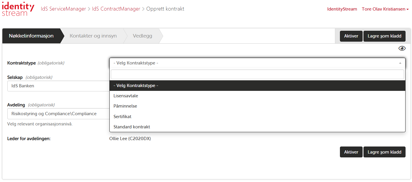 Opprettelse av ny kontrakt — steg 1