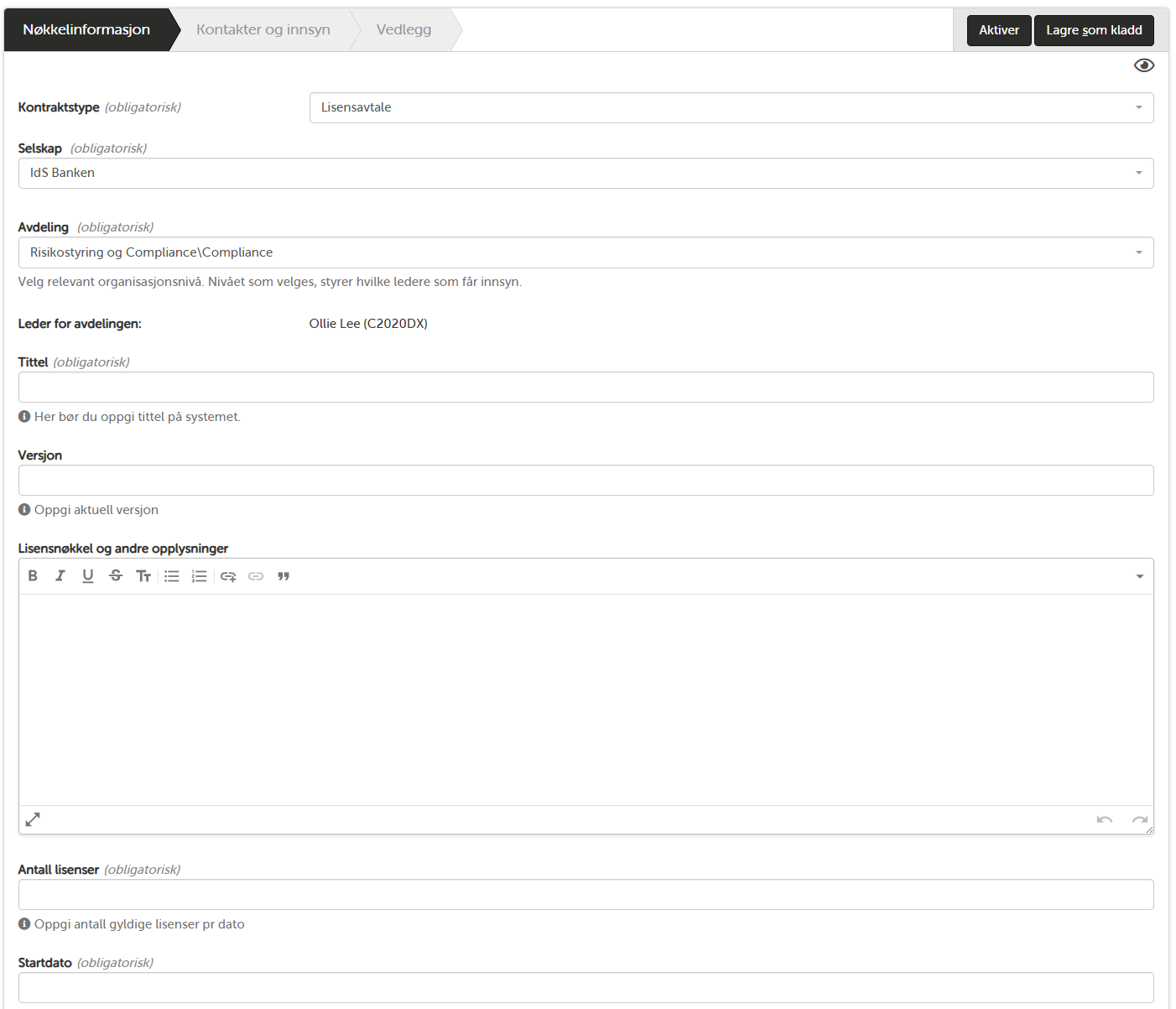 Opprettelse av ny kontrakt — steg 2