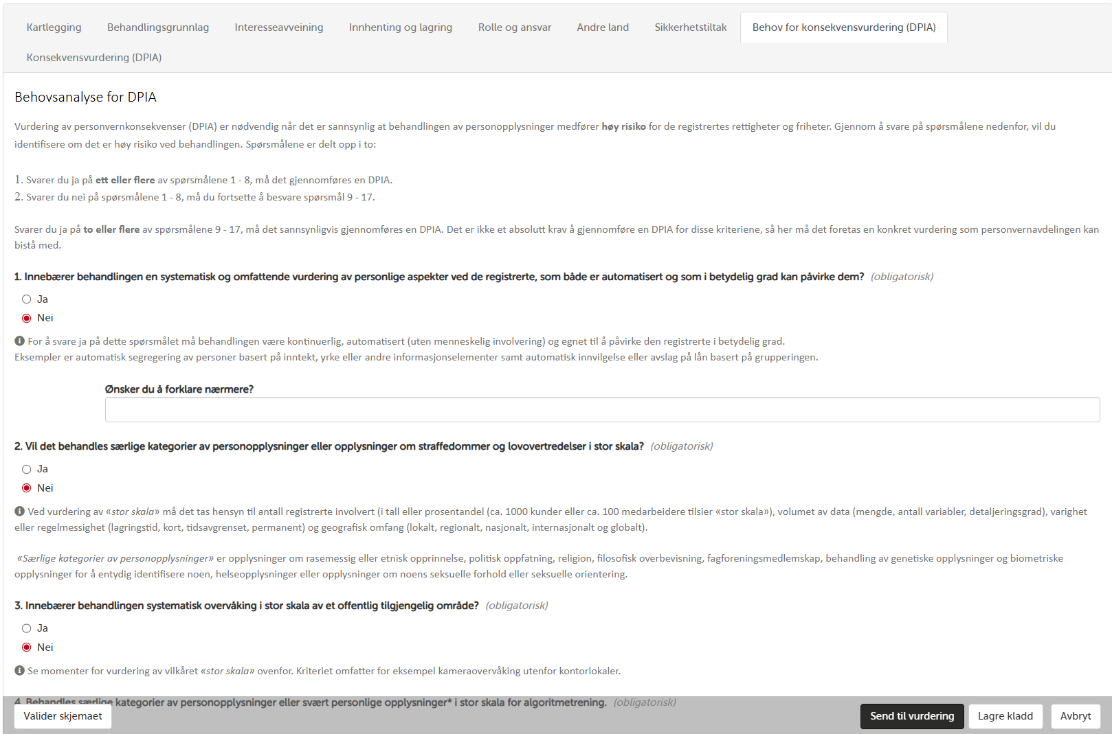 Behovsanalyse for DPIA — spørsmål og kriterier for om DPIA må gjennomføres