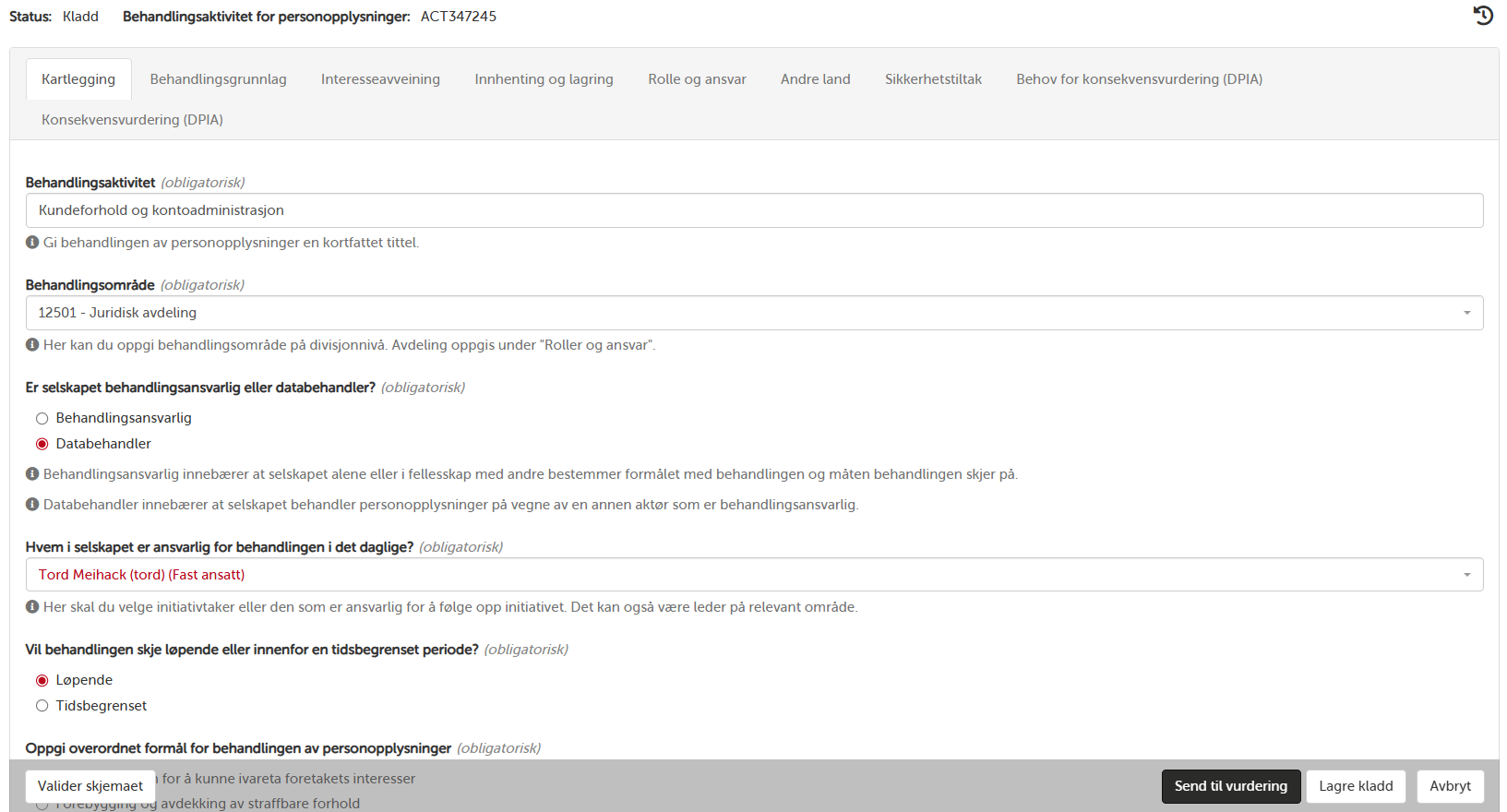 Detaljvisning av behandlingsaktivitet — kartlegging