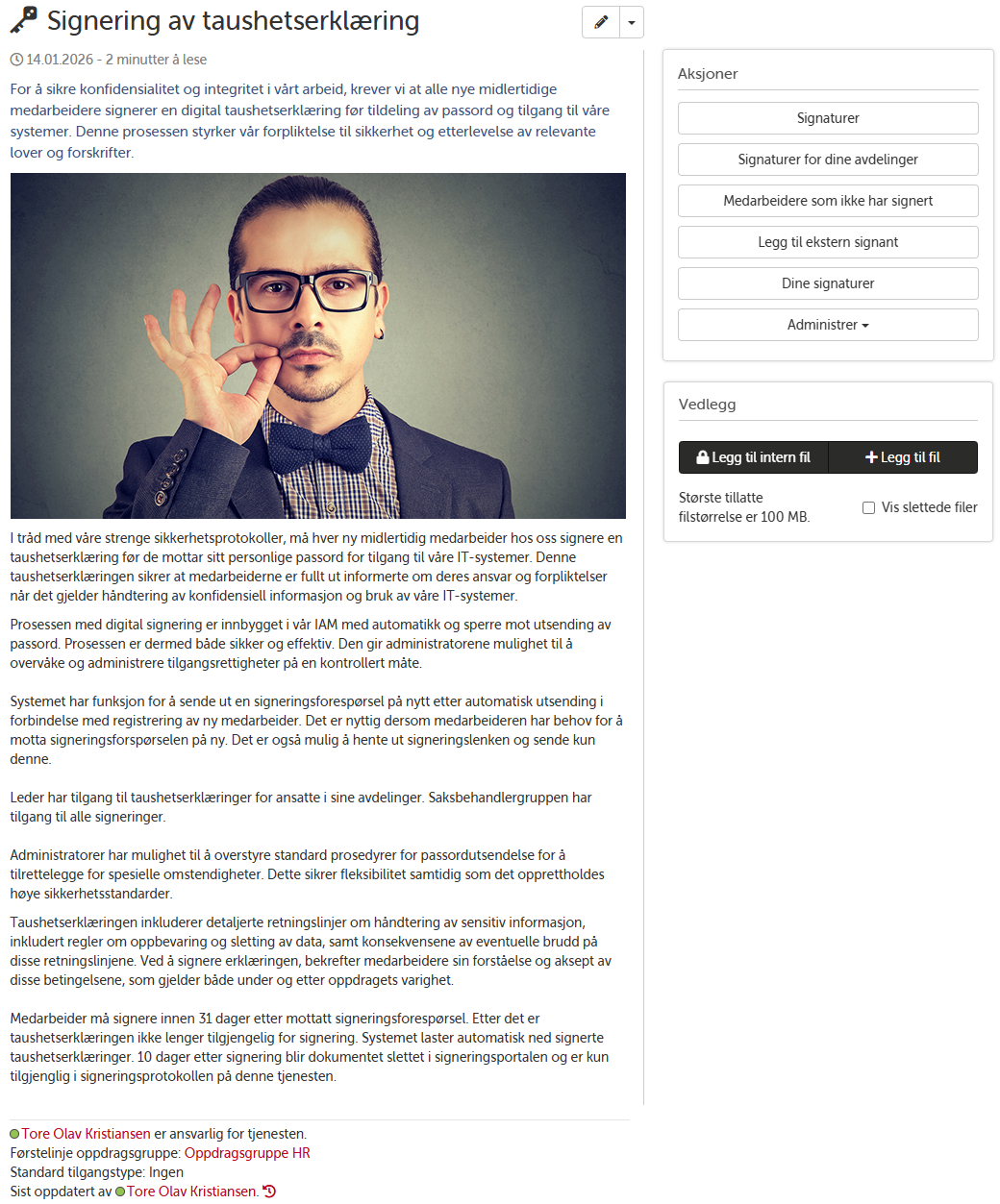 Landingsside for signering av taushetserklæring