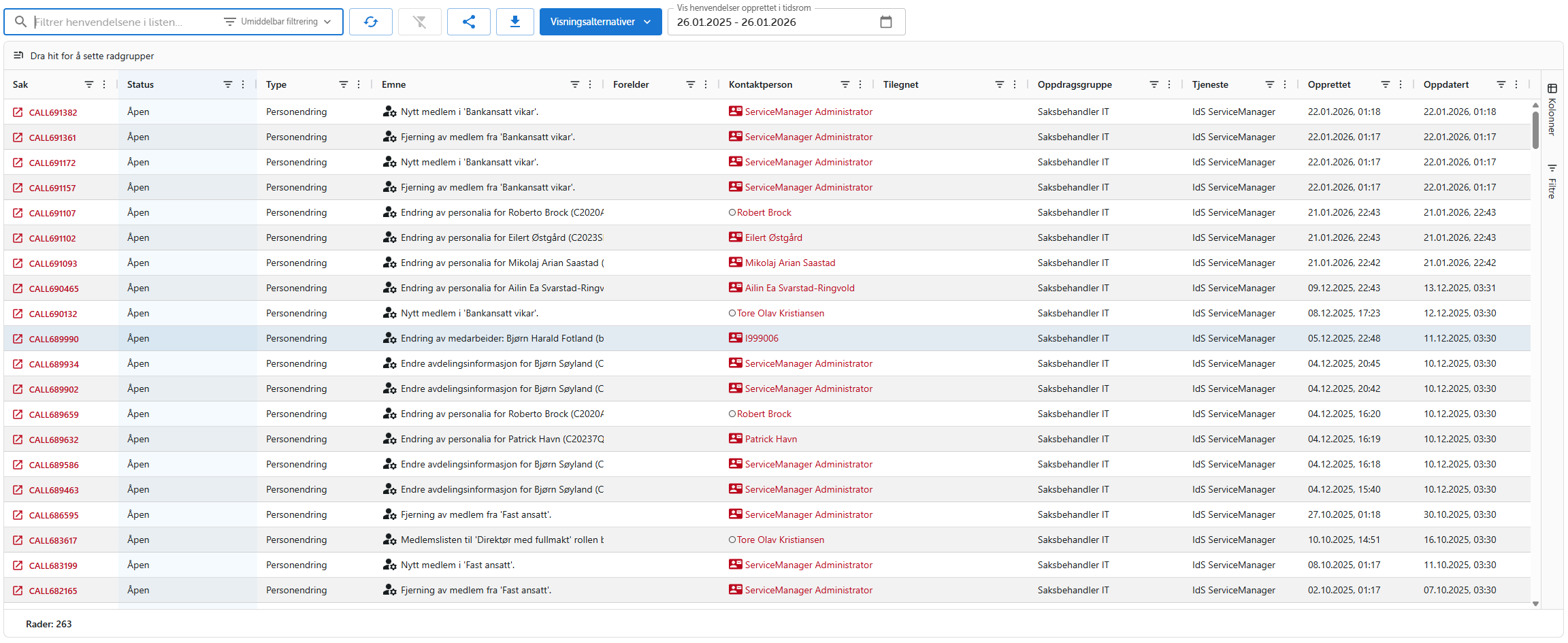 Oversikt over movers (personendringer) i listevisning