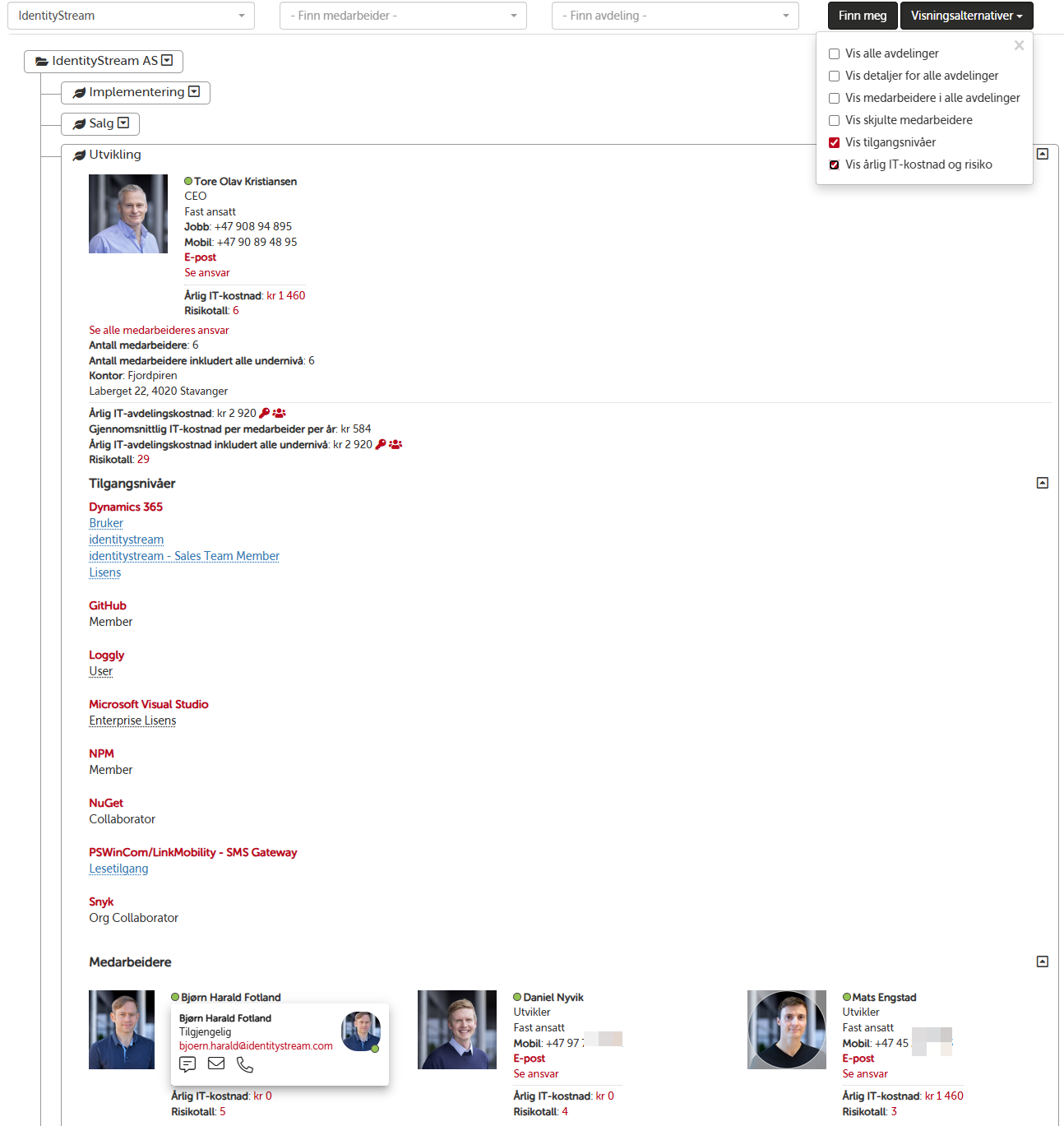 Organisasjonskart med leder, kostnader, risikotall og tilgangsnivåer