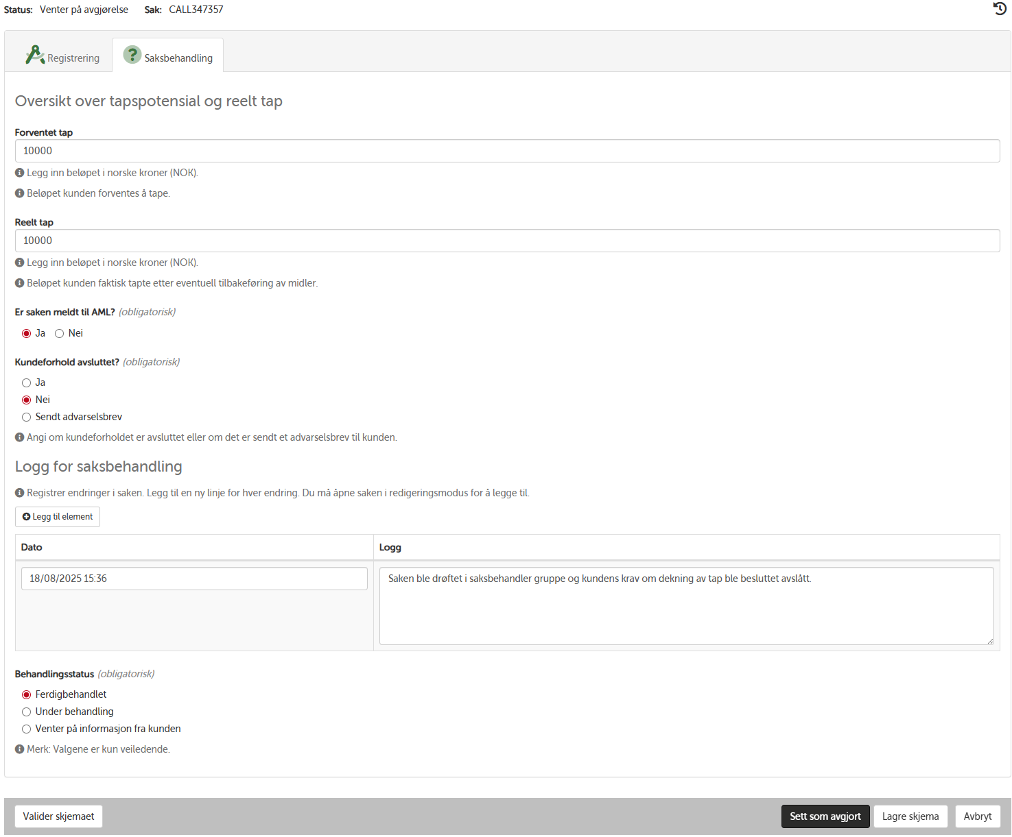 Saksbehandling av svindelsak med tapsoversikt